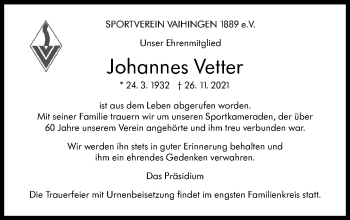 Traueranzeige von Johannes Vetter von Stuttgarter Zeitung / Stuttgarter Nachrichten