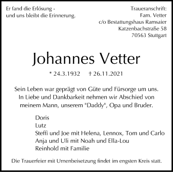 Traueranzeige von Johannes Vetter von Stuttgarter Zeitung / Stuttgarter Nachrichten