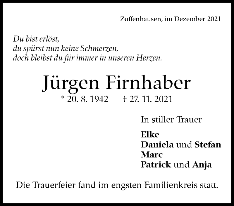  Traueranzeige für Jürgen Firnhaber vom 09.12.2021 aus Stuttgarter Zeitung / Stuttgarter Nachrichten