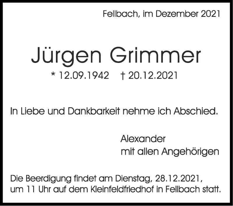  Traueranzeige für Jürgen Grimmer vom 23.12.2021 aus Stuttgarter Zeitung / Stuttgarter Nachrichten