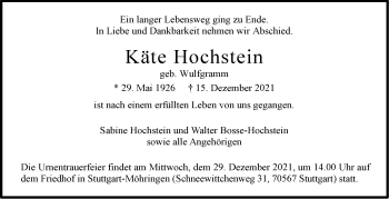 Traueranzeige von Käte Hochstein von Stuttgarter Zeitung / Stuttgarter Nachrichten