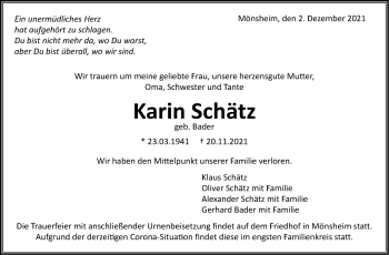 Traueranzeige von Karin Schätz von Stuttgarter Zeitung / Stuttgarter Nachrichten