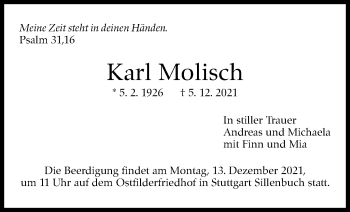 Traueranzeige von Karl Molisch von Stuttgarter Zeitung / Stuttgarter Nachrichten