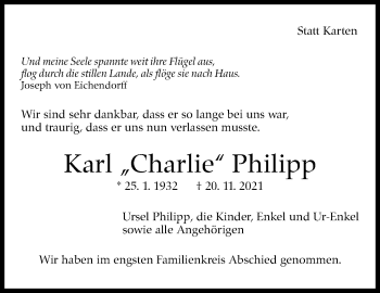 Traueranzeige von Karl Philipp von Stuttgarter Zeitung / Stuttgarter Nachrichten