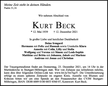 Traueranzeige von Kurt Beck von Stuttgarter Zeitung / Stuttgarter Nachrichten