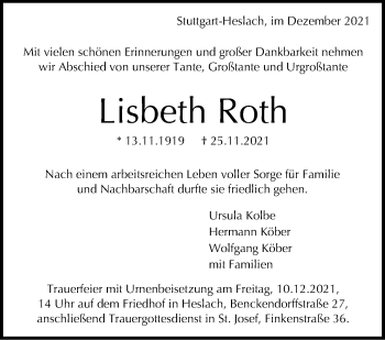Traueranzeige von Lisbeth Roth von Stuttgarter Zeitung / Stuttgarter Nachrichten