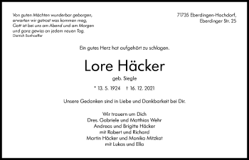 Traueranzeige von Lore Häcker von Stuttgarter Zeitung / Stuttgarter Nachrichten
