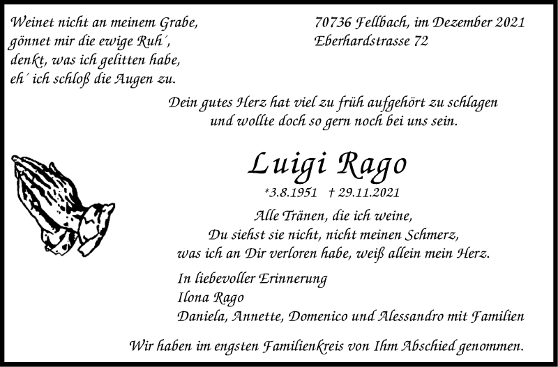  Traueranzeige für Luigi Rago vom 04.12.2021 aus Stuttgarter Zeitung / Stuttgarter Nachrichten