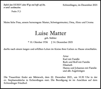 Traueranzeige von Luise Matter von Stuttgarter Zeitung / Stuttgarter Nachrichten