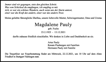 Traueranzeige von Magdalene Pauly von Stuttgarter Zeitung / Stuttgarter Nachrichten