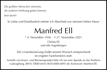 Traueranzeige von Manfred Ell von Stuttgarter Zeitung / Stuttgarter Nachrichten