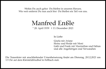 Traueranzeige von Manfred Enßle von Stuttgarter Zeitung / Stuttgarter Nachrichten