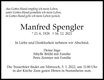 Traueranzeige von Manfred Spengler von Stuttgarter Zeitung / Stuttgarter Nachrichten