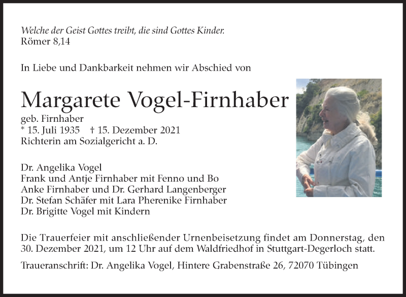  Traueranzeige für Margarete Vogel-Firnhaber vom 21.12.2021 aus Stuttgarter Zeitung / Stuttgarter Nachrichten