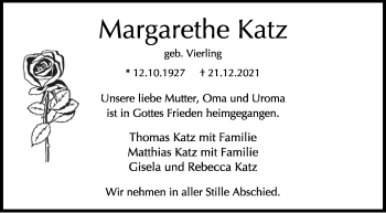 Traueranzeige von Margarethe Katz von Stuttgarter Zeitung / Stuttgarter Nachrichten