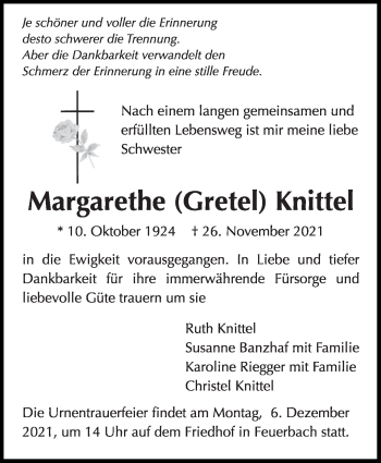 Traueranzeige von Margarethe  Knittel von Stuttgarter Zeitung / Stuttgarter Nachrichten