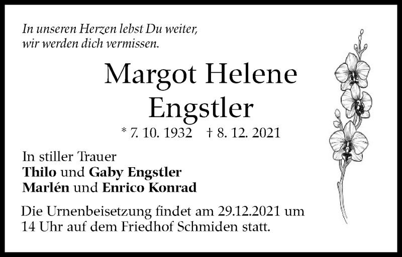  Traueranzeige für Margot Helene Engstler vom 27.12.2021 aus Stuttgarter Zeitung / Stuttgarter Nachrichten