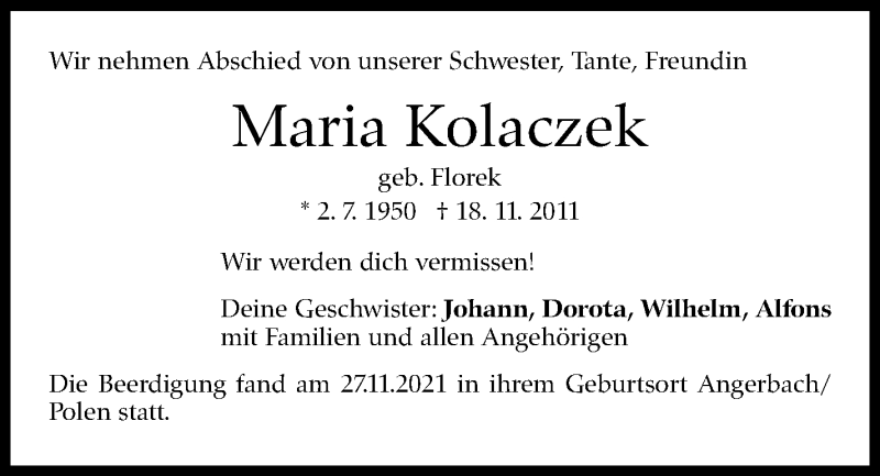  Traueranzeige für Maria Kolaczek vom 18.12.2021 aus Stuttgarter Zeitung / Stuttgarter Nachrichten