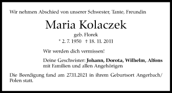 Traueranzeige von Maria Kolaczek von Stuttgarter Zeitung / Stuttgarter Nachrichten