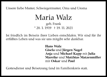 Traueranzeige von Maria Walz von Stuttgarter Zeitung / Stuttgarter Nachrichten