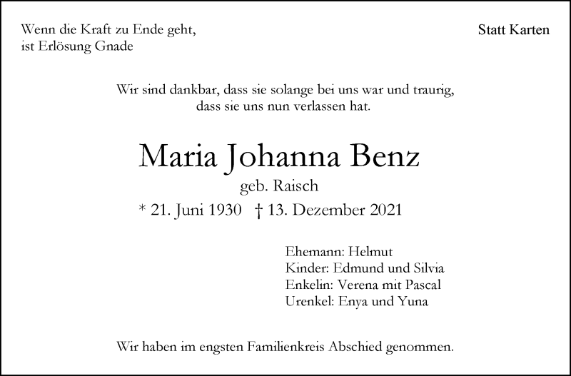  Traueranzeige für Maria Johanna Benz vom 29.12.2021 aus Stuttgarter Zeitung / Stuttgarter Nachrichten
