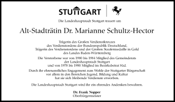 Traueranzeige von Marianne Schultz-Hector von Stuttgarter Zeitung / Stuttgarter Nachrichten