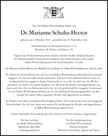 Traueranzeige von Marianne Schultz-Hector von Stuttgarter Zeitung / Stuttgarter Nachrichten