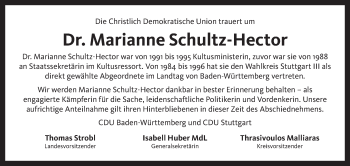 Traueranzeige von Marianne Schultz-Hector von Stuttgarter Zeitung / Stuttgarter Nachrichten