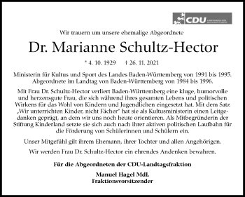 Traueranzeige von Marianne Schultz-Hector von Stuttgarter Zeitung / Stuttgarter Nachrichten
