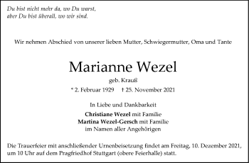 Traueranzeige von Marianne Wezel von Stuttgarter Zeitung / Stuttgarter Nachrichten