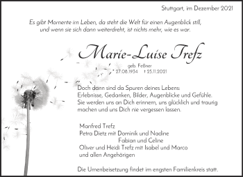 Traueranzeige von Marie-Luise Trefz von Stuttgarter Zeitung / Stuttgarter Nachrichten