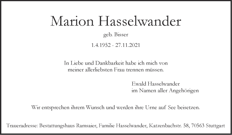  Traueranzeige für Marion Hasselwander vom 04.12.2021 aus Stuttgarter Zeitung / Stuttgarter Nachrichten