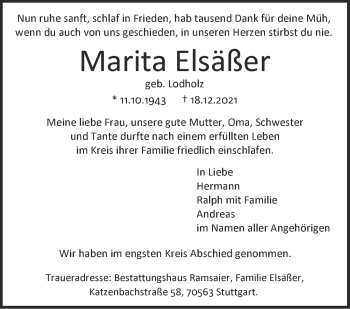 Traueranzeige von Marita Elsäßer von Stuttgarter Zeitung / Stuttgarter Nachrichten