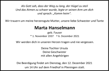 Traueranzeige von Marta Hanselmann von Stuttgarter Zeitung / Stuttgarter Nachrichten