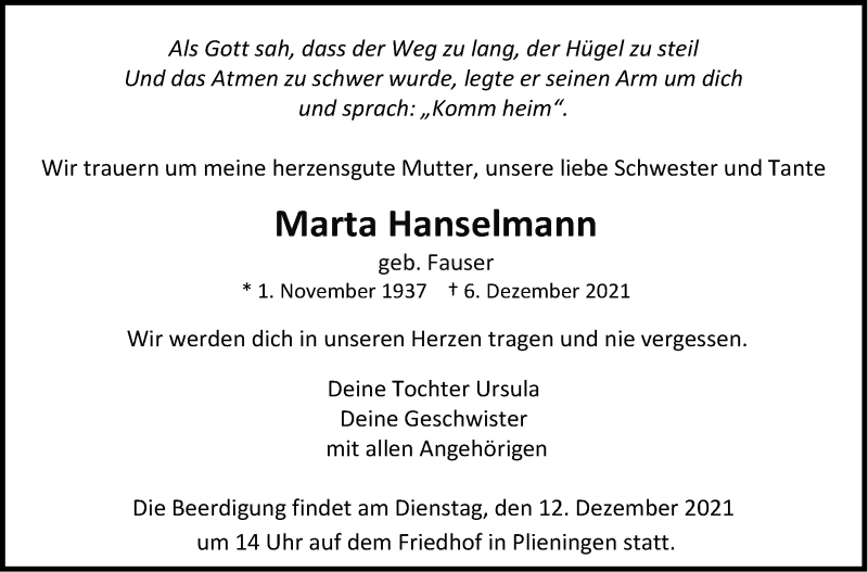  Traueranzeige für Marta Hanselmann vom 11.12.2021 aus Stuttgarter Zeitung / Stuttgarter Nachrichten