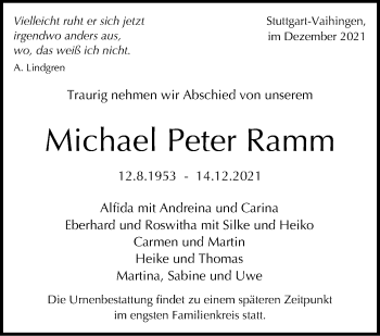 Traueranzeige von Michael Peter Ramm von Stuttgarter Zeitung / Stuttgarter Nachrichten