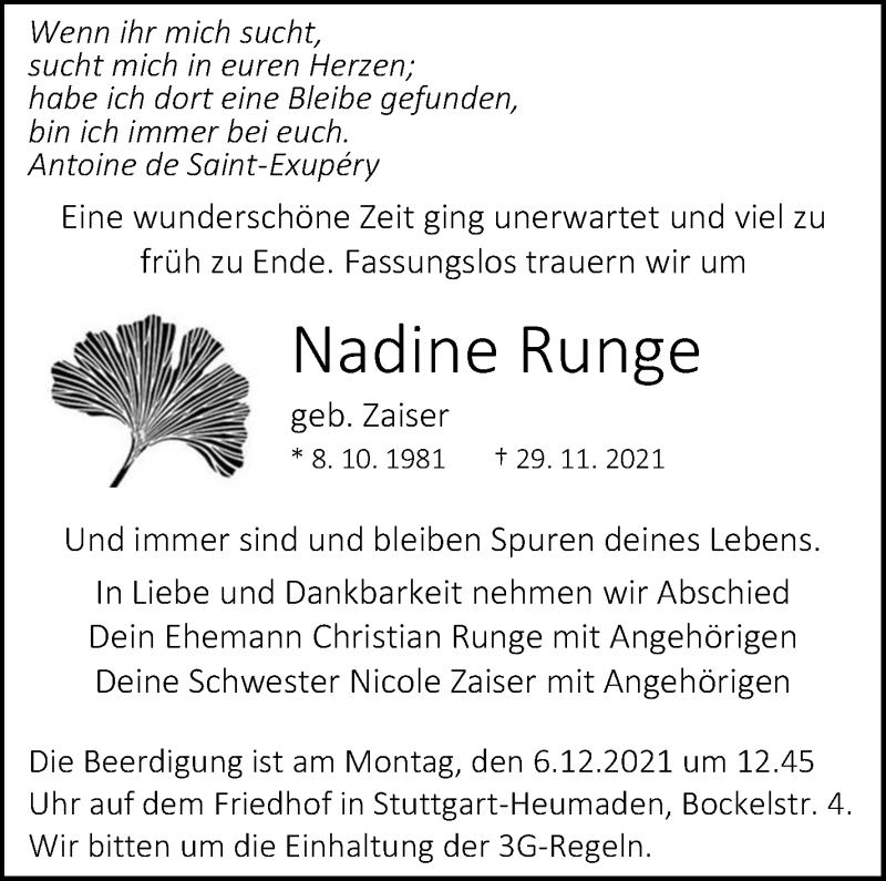  Traueranzeige für Nadine Runge vom 04.12.2021 aus Stuttgarter Zeitung / Stuttgarter Nachrichten
