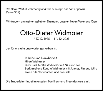 Traueranzeige von Otto-Dieter Widmaier von Stuttgarter Zeitung / Stuttgarter Nachrichten