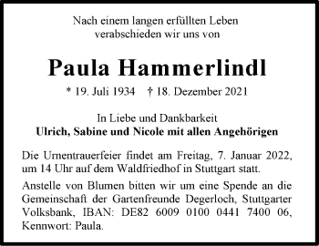 Traueranzeige von Paula Hammerlindl von Stuttgarter Zeitung / Stuttgarter Nachrichten
