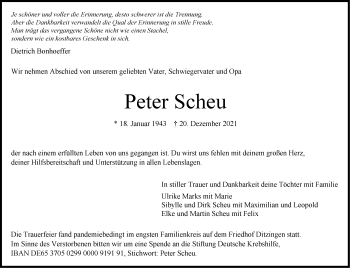 Traueranzeige von Peter Scheu von Stuttgarter Zeitung / Stuttgarter Nachrichten