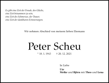 Traueranzeige von Peter Scheu von Stuttgarter Zeitung / Stuttgarter Nachrichten