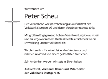 Traueranzeige von Peter Scheu von Stuttgarter Zeitung / Stuttgarter Nachrichten