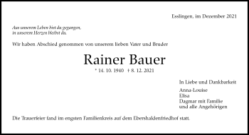 Traueranzeige von Rainer Bauer von Stuttgarter Zeitung / Stuttgarter Nachrichten