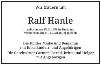 Traueranzeige von Ralf Hanle von Stuttgarter Zeitung / Stuttgarter Nachrichten