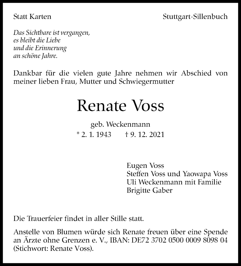  Traueranzeige für Renate Voss vom 15.12.2021 aus Stuttgarter Zeitung / Stuttgarter Nachrichten