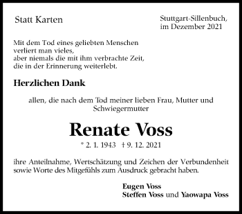 Traueranzeige von Renate Voss von Stuttgarter Zeitung / Stuttgarter Nachrichten