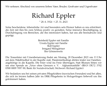 Traueranzeige von Richard Eppler von Stuttgarter Zeitung / Stuttgarter Nachrichten
