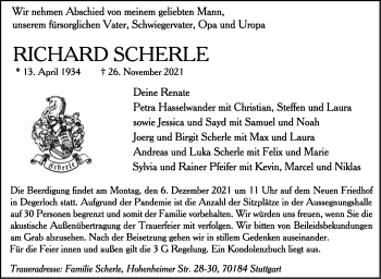 Traueranzeige von Richard Scherle von Stuttgarter Zeitung / Stuttgarter Nachrichten
