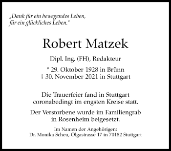 Traueranzeige von Robert Matzek von Stuttgarter Zeitung / Stuttgarter Nachrichten