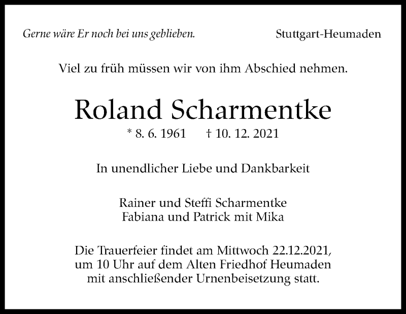  Traueranzeige für Roland Scharmentke vom 15.12.2021 aus Stuttgarter Zeitung / Stuttgarter Nachrichten